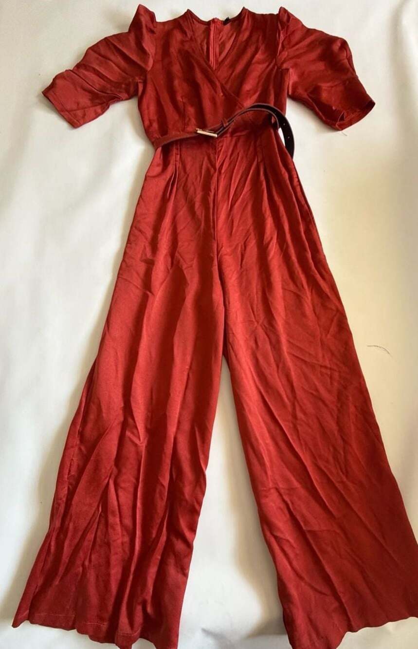 Shein Jumpsuit Womens M Rust Red Wide Leg Belted Puff Sleeve